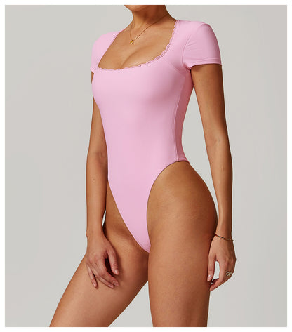 Plain Short Sleeve Lace One Piece
