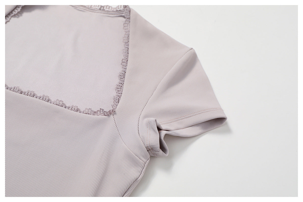 Plain Short Sleeve Lace One Piece