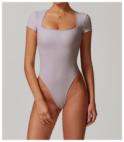 Plain Short Sleeve Lace One Piece